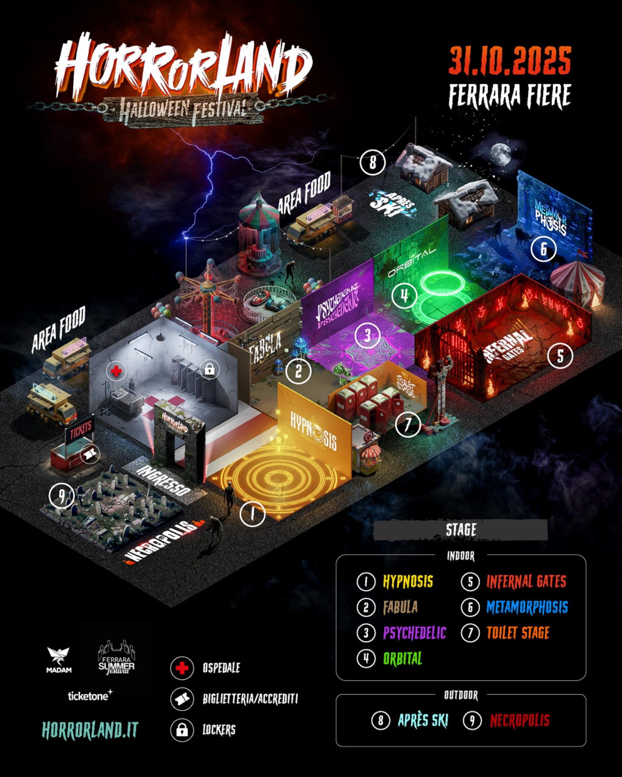 Mappa ufficiale Horrorland 2025 – Stage, aree food, servizi e ingressi alla Fiera di Ferrara